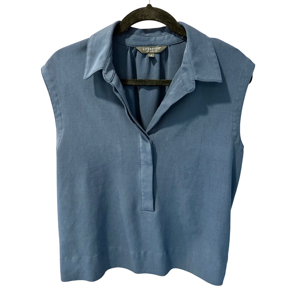 Liverpool Los Angeles Womens Sleeveless Blouse Blue Elastic Hem Top Small